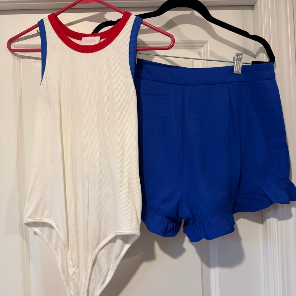 Pink Lily Red, White & Blue Ribbed Tank Bodysuit & Royal Blue Ruffle Hem Shorts